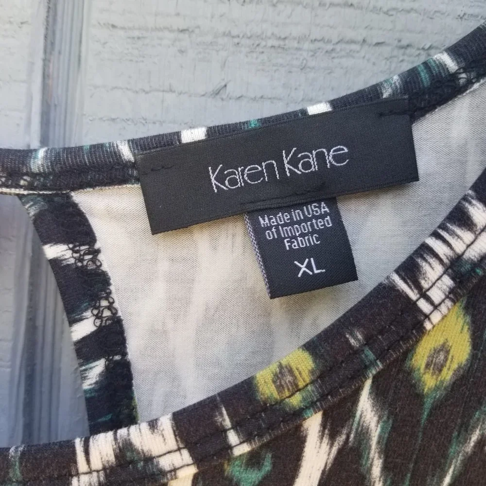 NWOT Karen Kane Ikat Print Crew-neck Cap-sleeve Hi-Lo Elliptical Top Made in USA - Picture 3 of 11
